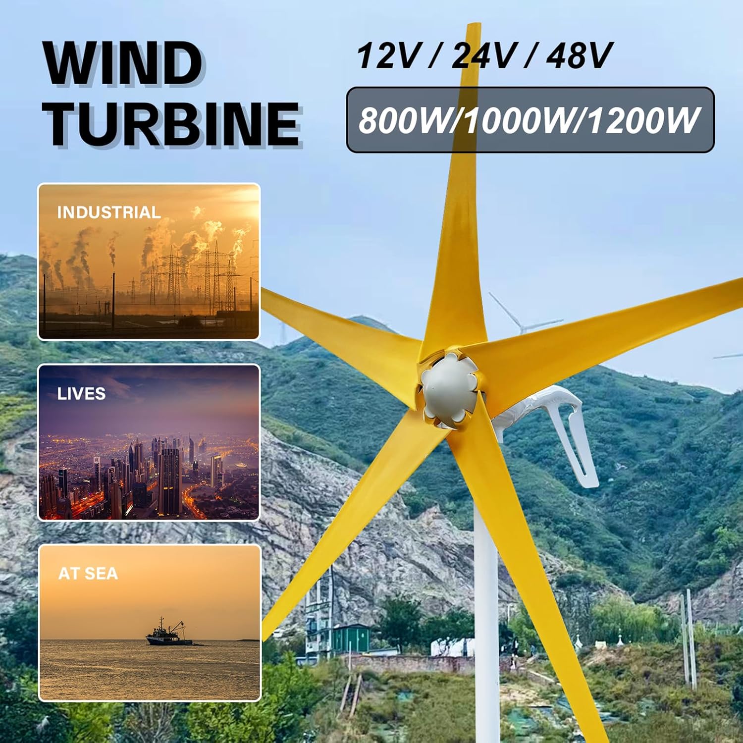 800W-1200W Wind Turbines Generator 12V / 24V / 48V Wind Generator with MPPT Controller and 5 Yellow Blades, Rated Wind Speed 13m/s, Windmill Generator Suit for Outdoors Garden Home,1200w,24V