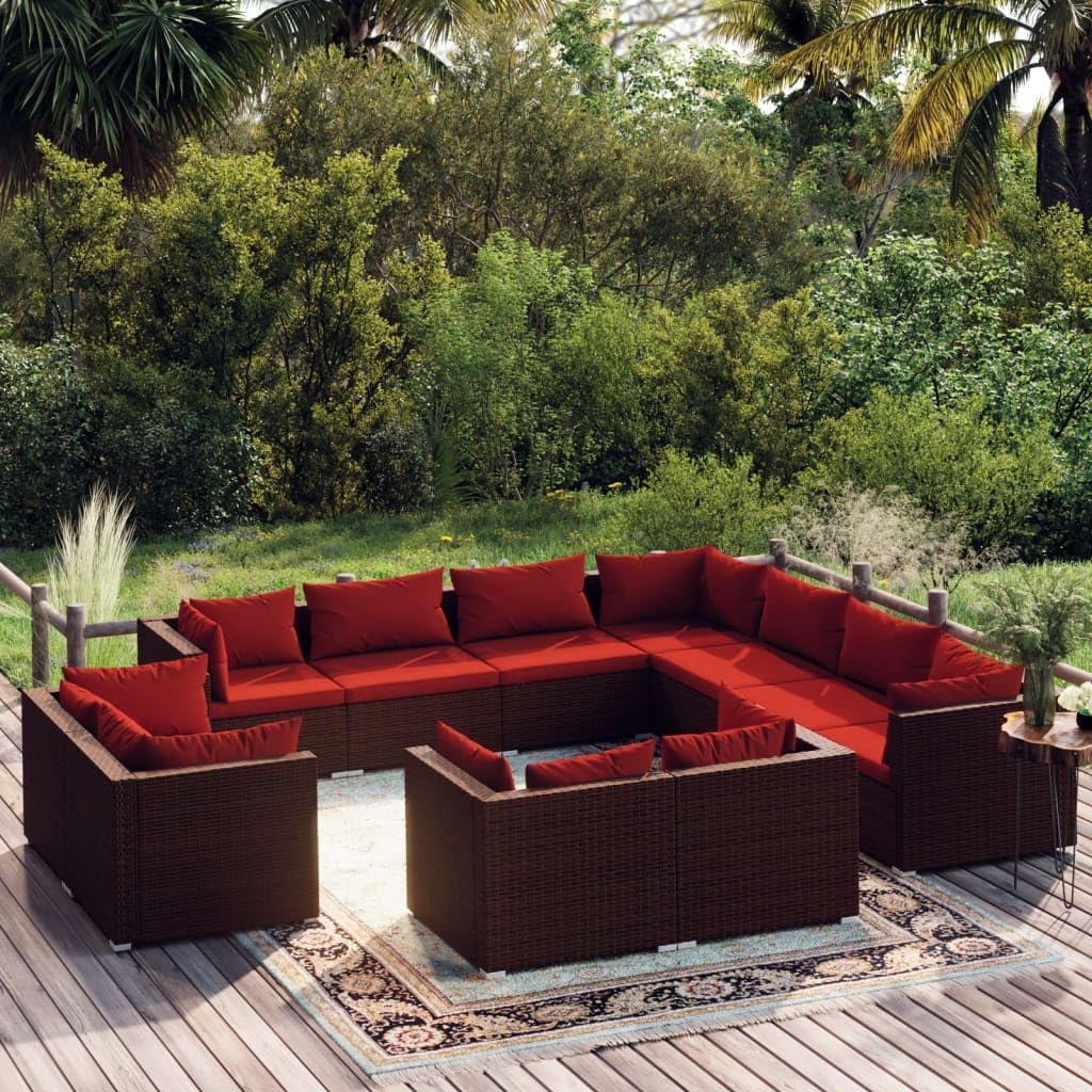 11 Piece Patio Lounge Set with Cushions Brown Poly Rattan,Elegant 11Piece Rattan Garden Lounge Set for Outdoor Comfort and Style Patio Furniture, Outdoor Furniture Sets