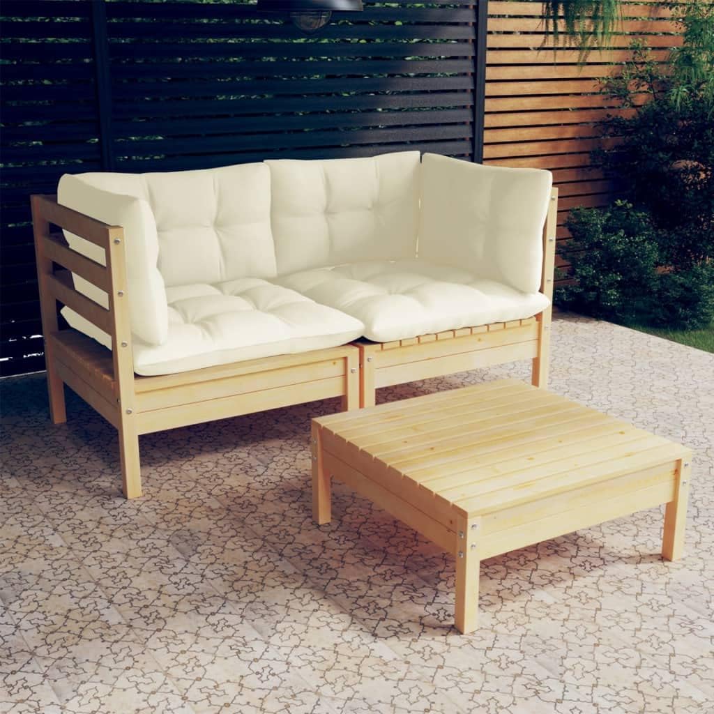 3 Piece Patio Lounge Set with Cream Cushions Pinewood,Modular Garden Lounge Set: Durable Solid Pinewood for Relaxation and Entertainment Patio Furniture Sets, Outdoor Furniture Sets
