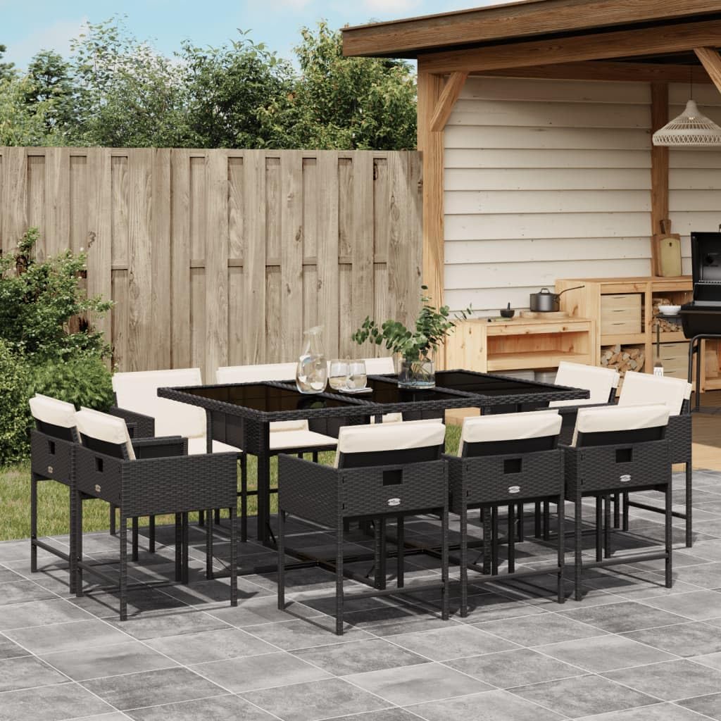 Furniture Sets 11 Piece Patio Dining Set with Cushions Black Poly Rattan,Outdoor Dining Set with Rattan Chairs and Tempered Glass Table for Patio Garden Backyard Garden Conversation Sets