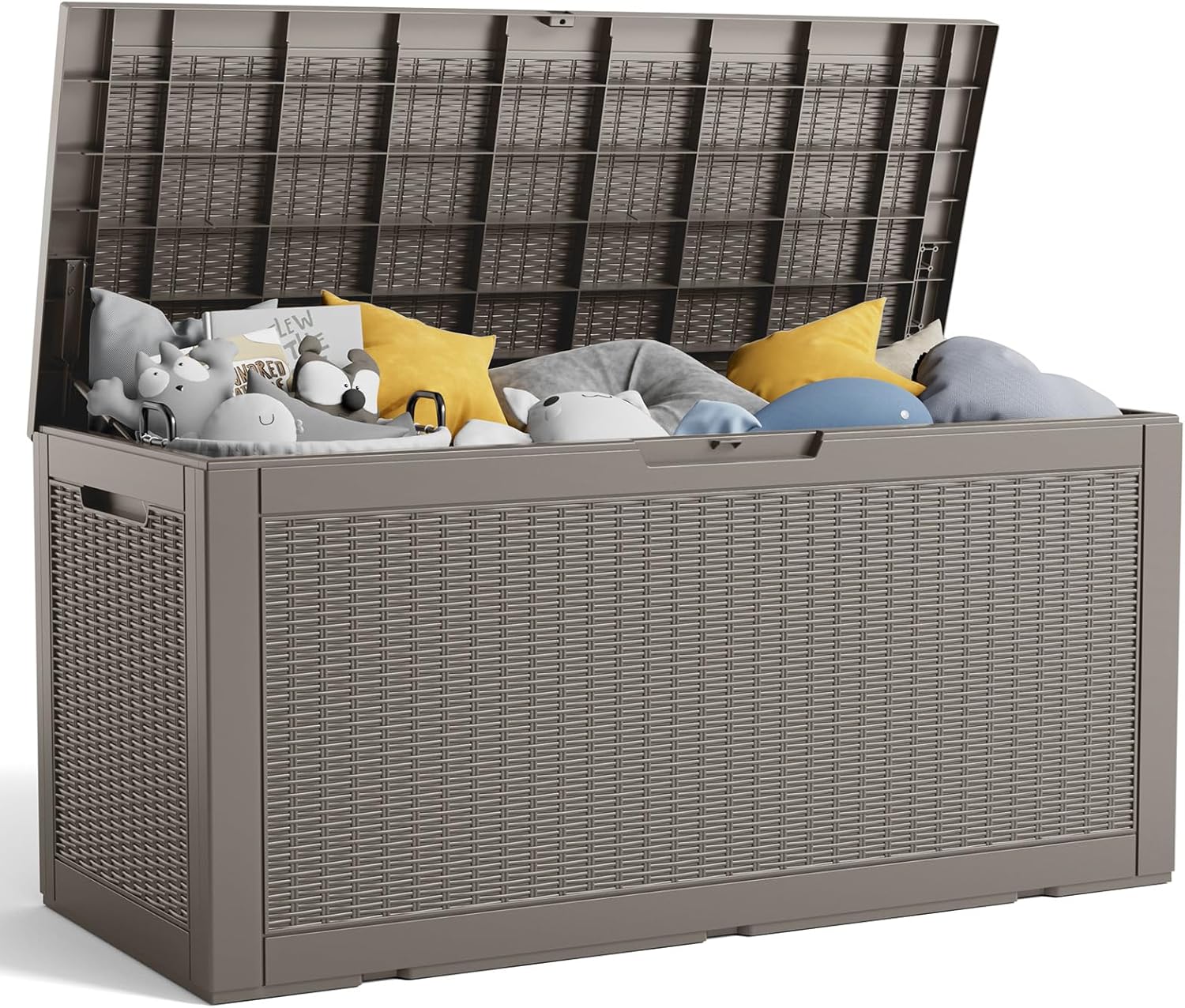 100 Gallon Waterproof Resin Outdoor Deck Box, with a Lockable Lid, Chic Wicker Design, Simple Assembly, and Handy Handles for Storing Cushions, Pillows, and Patio Furniture (Grey)