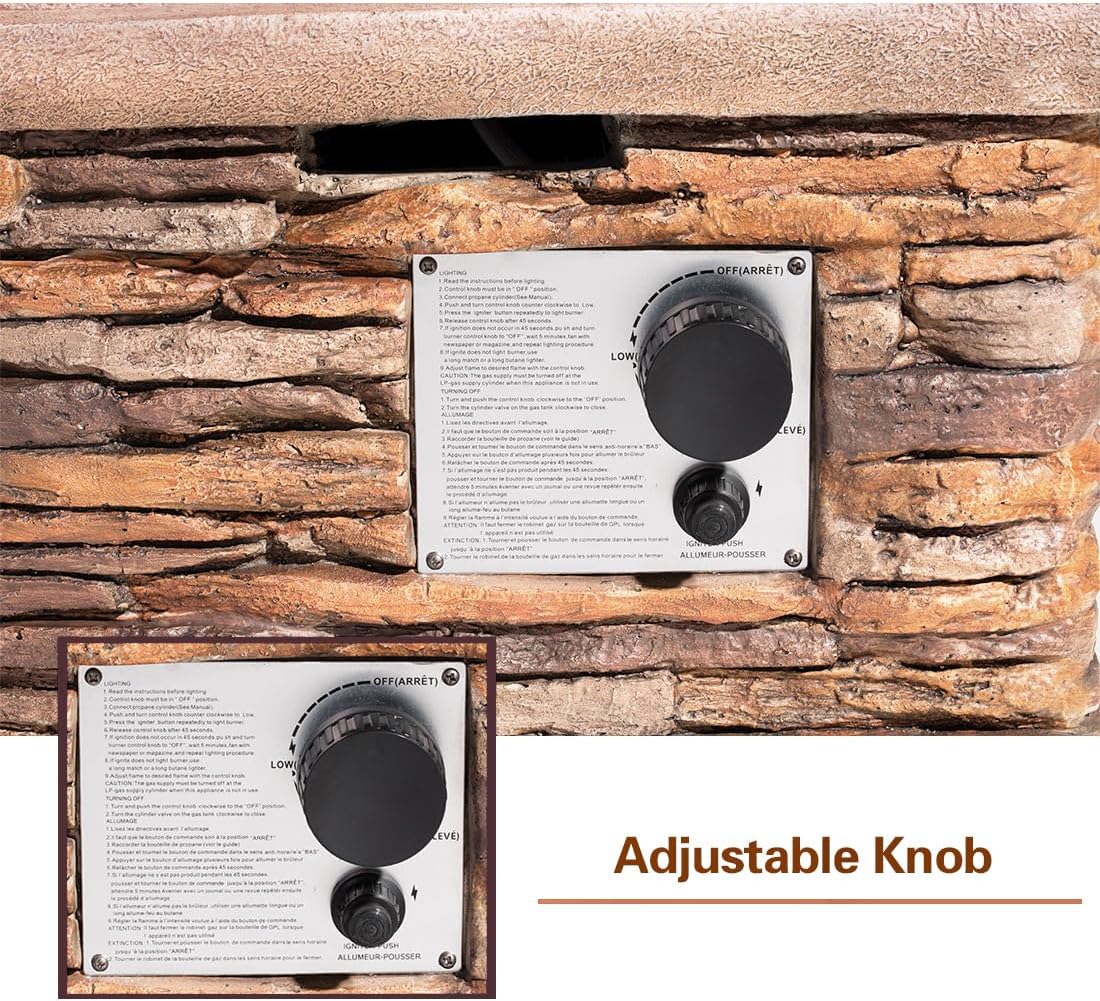 AQUILLA Propane Gas Fire Pit, Stone Imitation Surface, Outdoor 40000 BTU Heater w Free Lava Rocks and Rain Cover, Can Fits 20 Gal Propane Tank (exclud) Inside for Garden, Poolside, Backyard