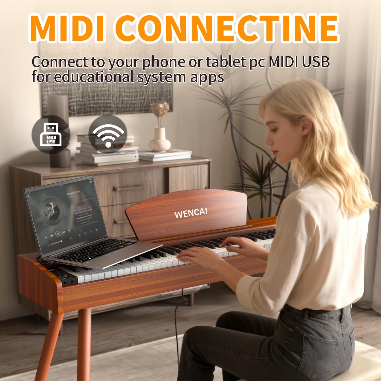 WENCAI 88 Key Fully Weighted Electric Piano Keyboard Hammer Action Full-size Digital Pianos for Beginner Professional Wooden Upright Piano with Sheet Music Stand Triple Pedal Supports USB-MIDI Orange