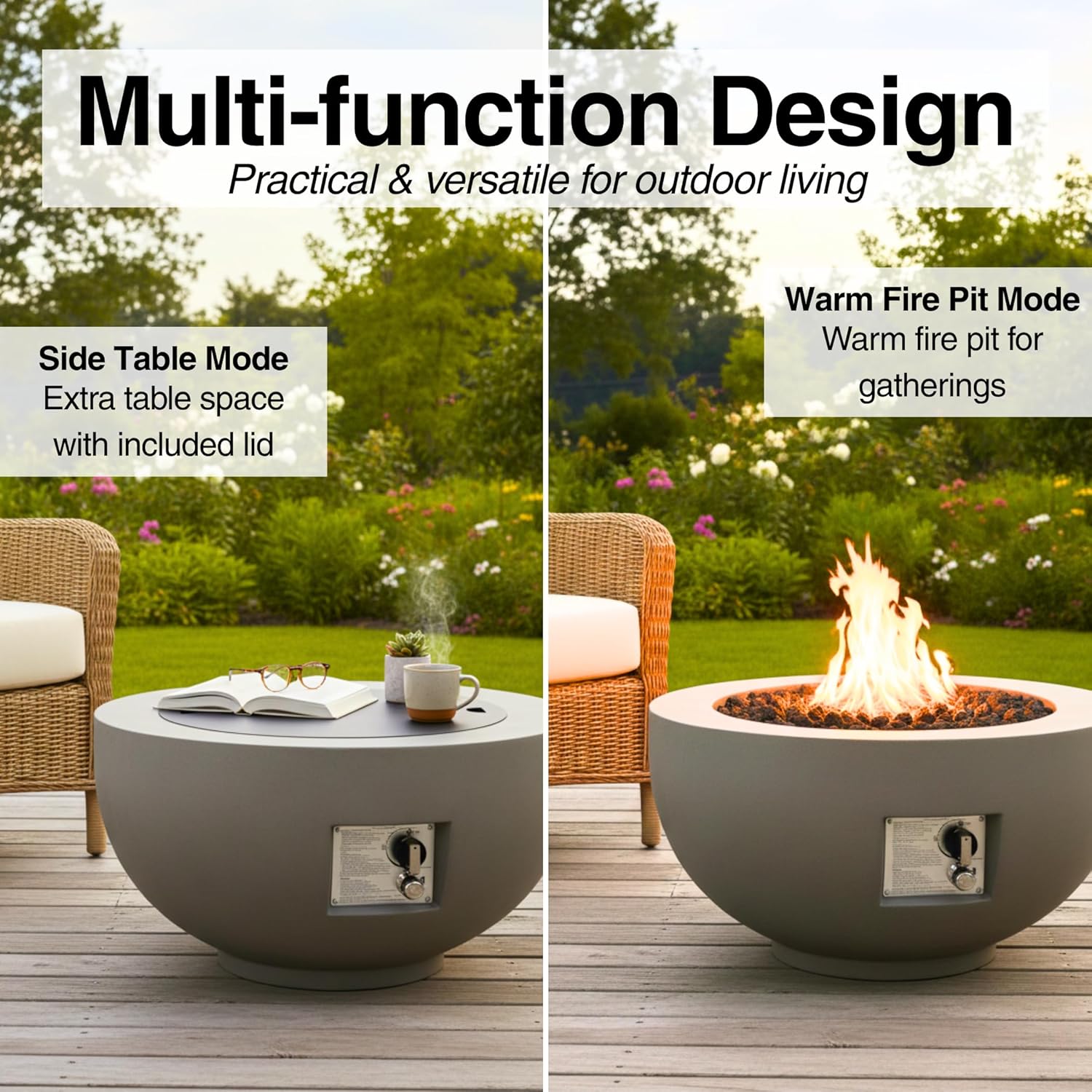 28 inch Round Propane Fire Pit Table, 40,000 BTU Outdoor Concrete Gas Fire Pit with Lava Rocks Cover, Portable Bowl Fire Pit for Patio, Garden, Deck, Light Grey