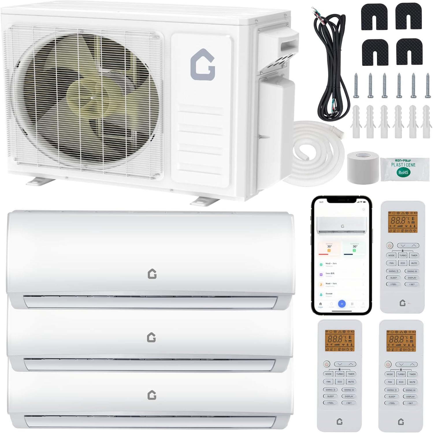 Garvee 3 Zone 28000 BTU(12K + 12K + 12K) Mini Split AC/Heating System, 20 SEER2 Tri Zone Ductless Split Air Conditioner with Pre-Charged Condenser, Not Include Copper Tube Line Set, 208-230V