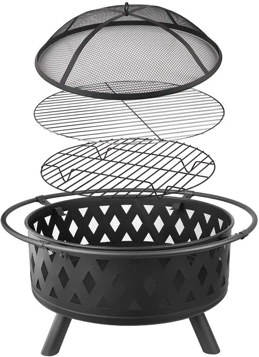 32 Inch Large Fire Pit, Crossweave Outdoor Fire Pit Round Fire Pit with Grid Poker Patio Bonfire BBQ Grill Firepit for Backyard Garden Camping