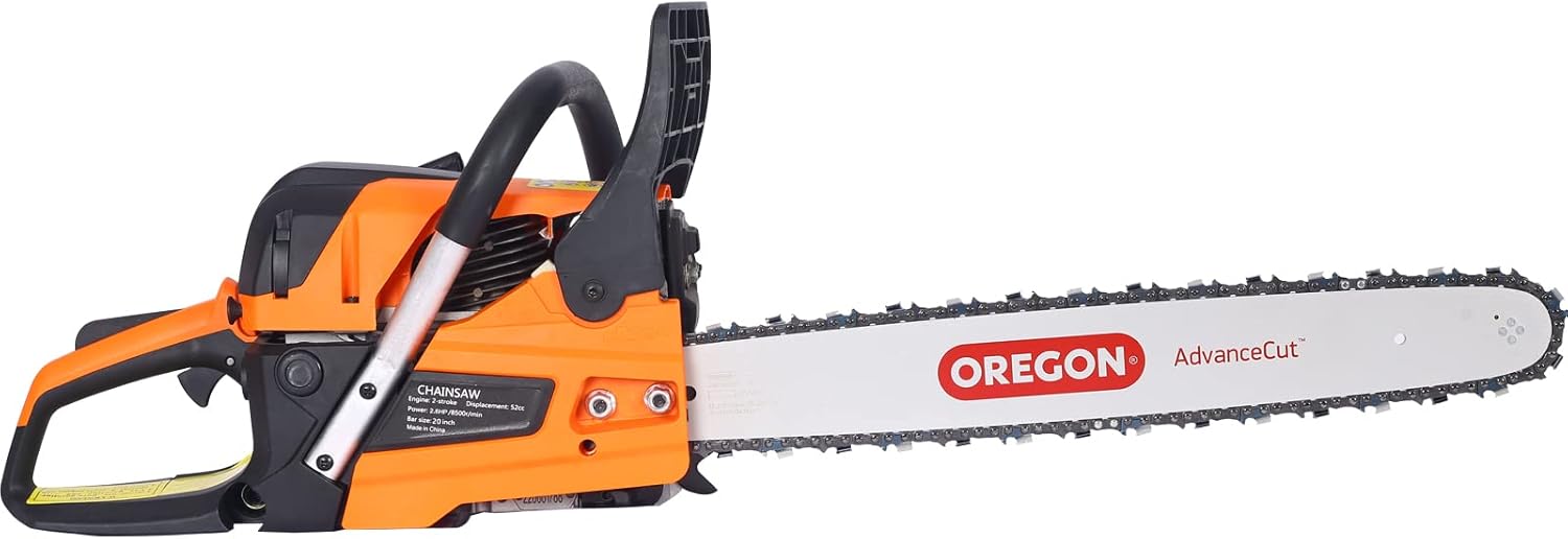 Gas Chainsaw 20-Inch 52cc Power Chain Saw - 2-Cycle Guide Board Chain saws - Gas Powered Chainsaw for Trees Gas Powered Farm, Ranch and Garden Tools - Motosierra de gas (OREGAN BAR OREGAN CHAIN)