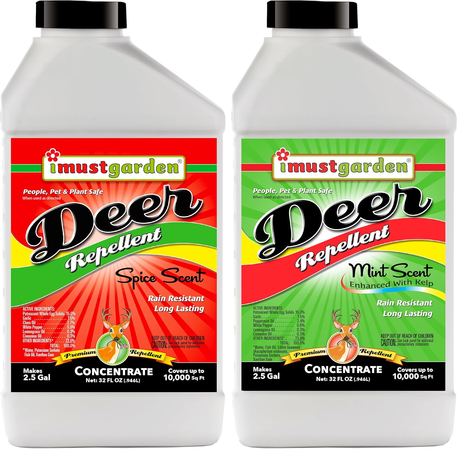 I Must Garden Deer Repellent Concentrate [2 Pack: Mint Scent + Spice Scent] - Natural Deer Spray for Gardens & Plants – Two 32oz Bottles