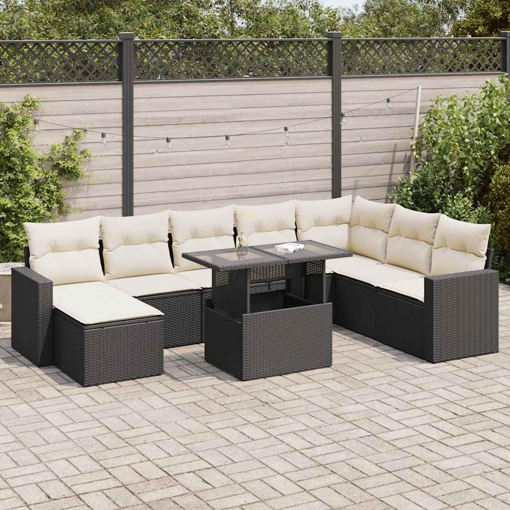 9-Piece Garden Sofa Set in Black and Cream White, Modular Outdoor Furniture with Water-Resistant and UV-Resistant Materials, Hidden Storage Compartments for Patio Terrace