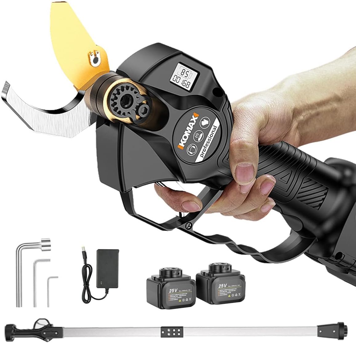 Electric Pruning Shears, Cordless Power Pruner with 1. High Reach Extension Pole, 45mm Cutting Diameter, 2X 2.0 Rechargeable Battery, Pruning Shears Cordless for Tree Branch Flowering Brushes