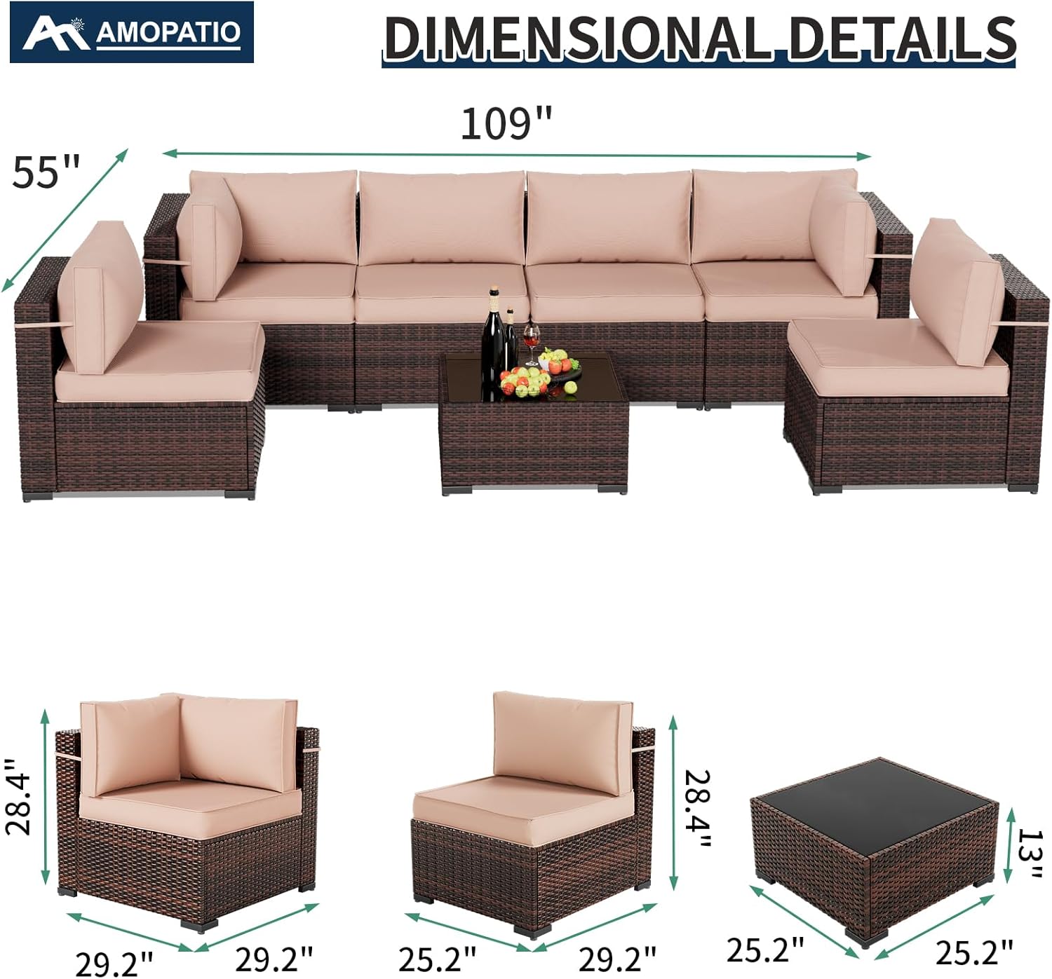 Amopatio Outdoor Patio Furniture Set 7 Pieces Patio Conversation Set Sectional Couch Sofa with All-Weather Cover, Glass Table & Thicken Cushion Fits Garden Yard Porch