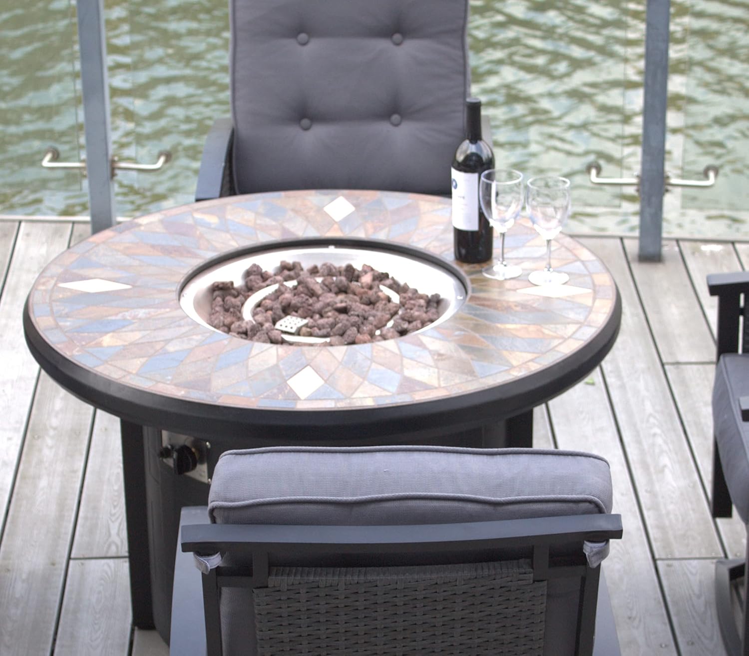 Pebble Lane Living 5 Piece Aluminum Patio Fire Pit with Swivel Rocking Cushioned Patio Chairs Set - Gray