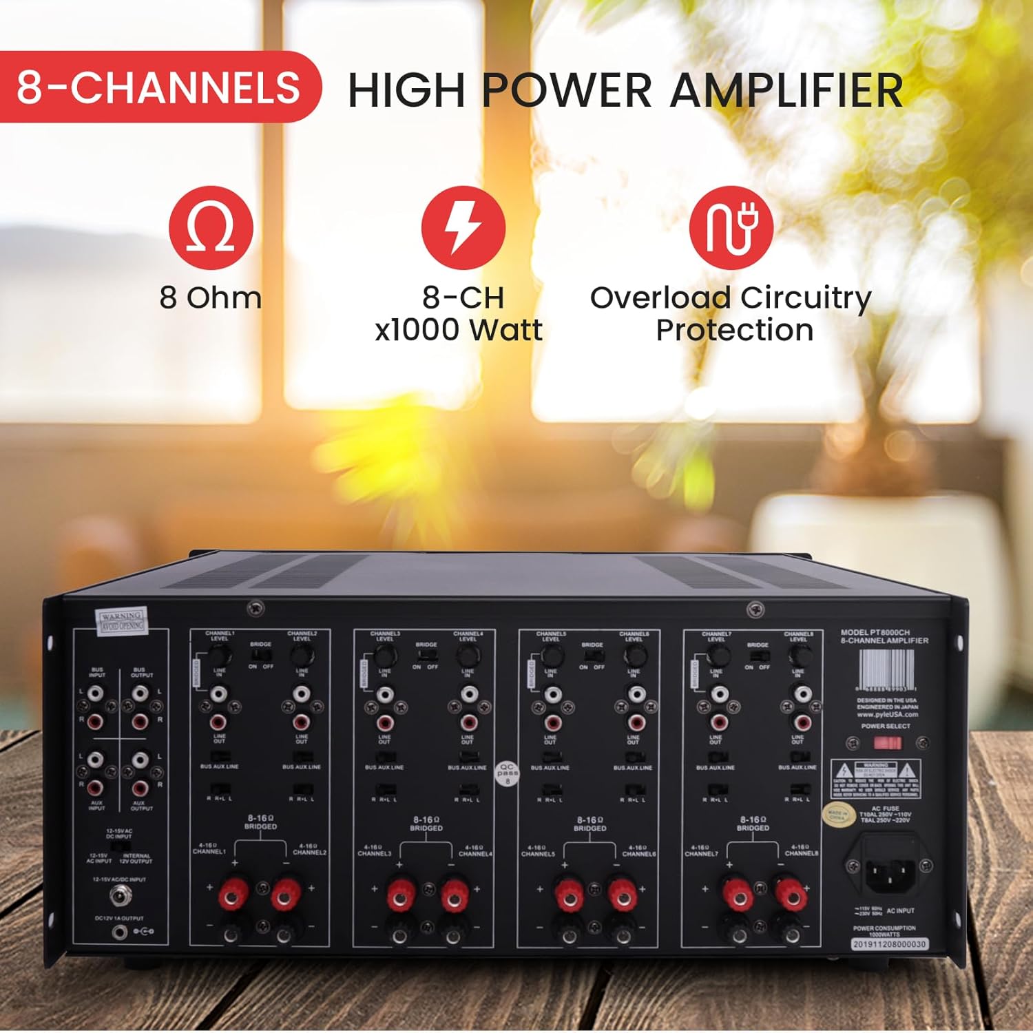 Pyle 4 Multi-Zone Stereo Amplifier - 19” Rack Mount, Powerful 8000 Watts with Speaker Selector Volume Control & LED Audio Level Display, 4-Ch. Bridgeable Switches - PT8000CH