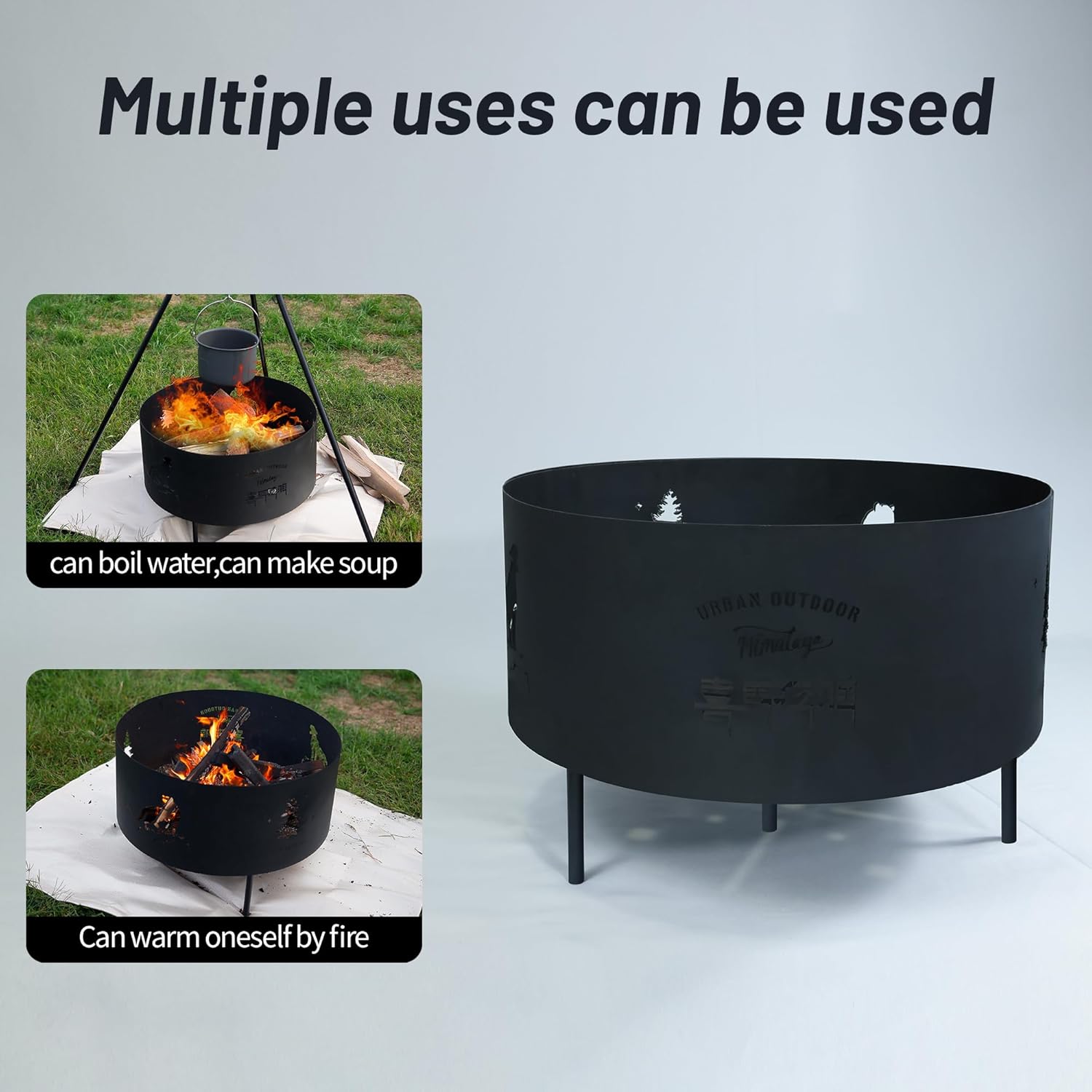 Portable Metal Fire Pit, Small Cylindrical Wood Burning Grill Fire Pits for Outside, Poker and Round Waterproof Cover, BBQ& Outdoor Fire Pit for Patio, Picnic, Party (Large)