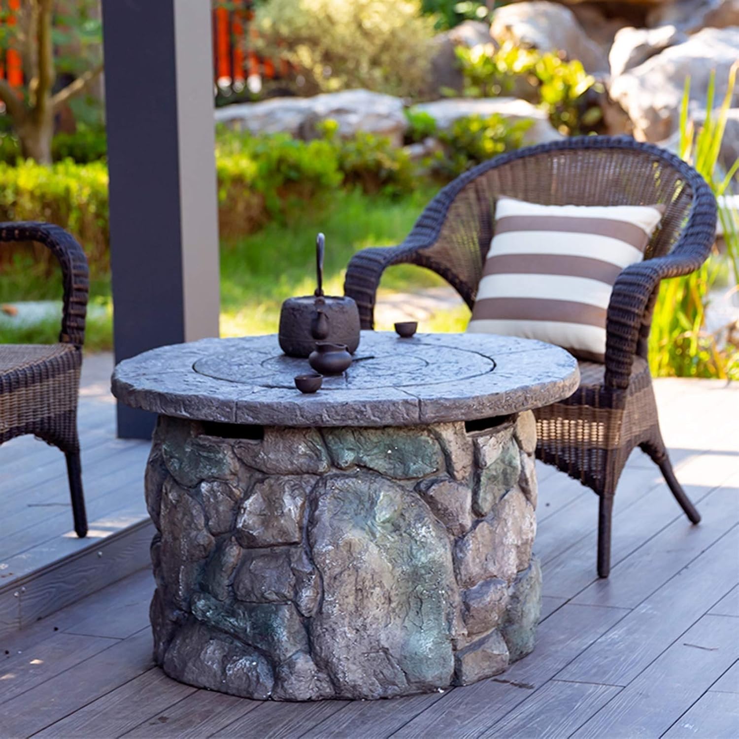 Outdoor Fire Pit Garden BBQ Wood Burning Fire Pit Bowl, 90cm Outdoor Imitation Stone Heater Fireplace, Used for Backyard Patio Picnic