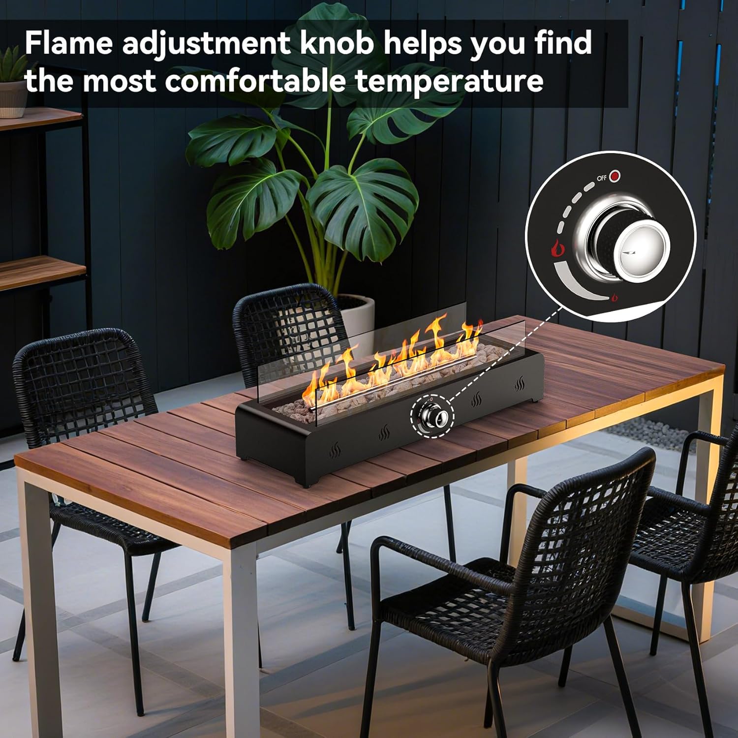 Onlyfire 28'' Tabletop Fire Pit, Outdoor Propane Gas Firepit Side-Mounted for Most Tables, Glass Wind Guard and Lava Rock, Rectangular Smokeless Fire Table Top Fireplace