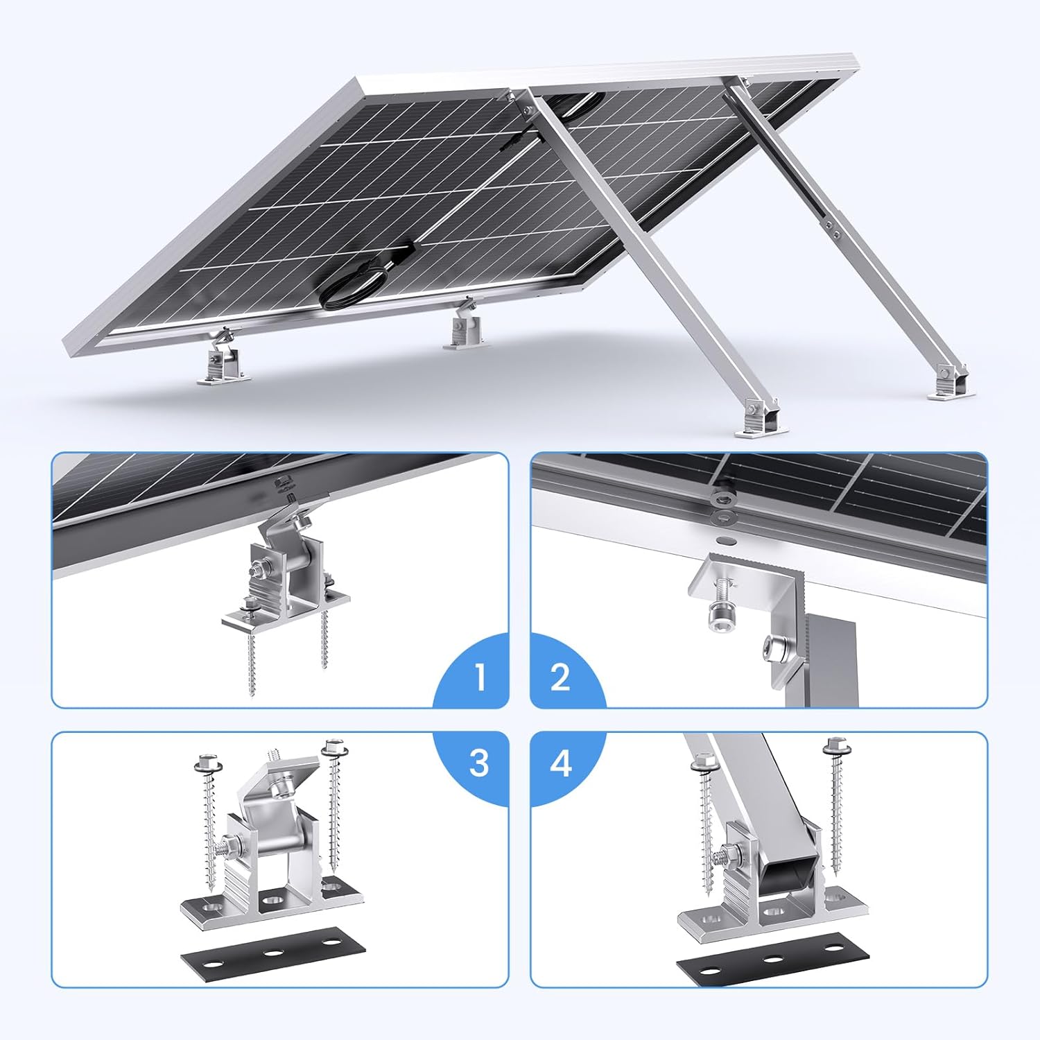 Adjustable Solar Panel Tilt Mount Brackets, Aluminum Alloy Solar Panel Mount,Tilt Angle 15°-30°, Support 50 -400 Watt Panel for Flat Surface, RV, Roof, Boat, Off-Grid (2 Set)