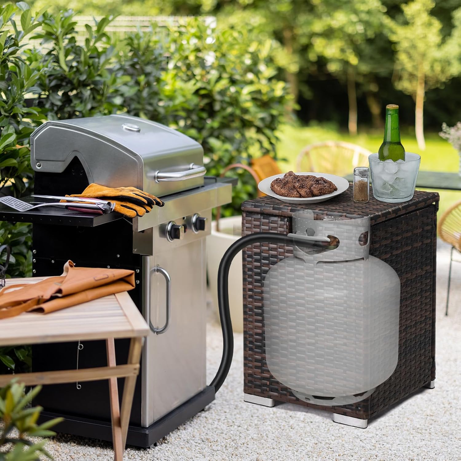 Outvita Gas Tank Storage Box, 15.7in Wicker Propane Tank Cover Table for Fire Pit Table and Gas Grill Patio Furniture (Brown)