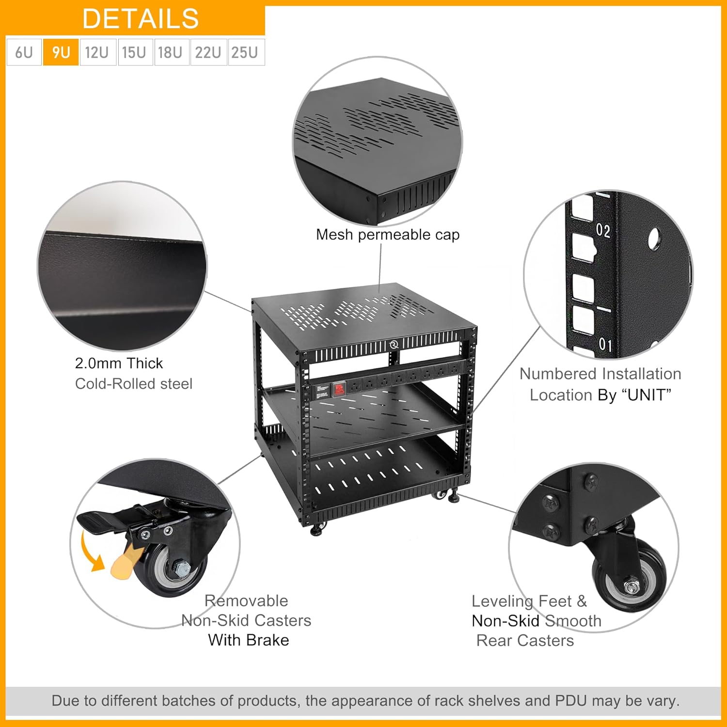 RIVECO 9U Network Rack with Reinforced Top Cover - 4 Post Floor Rack on Wheels for 19