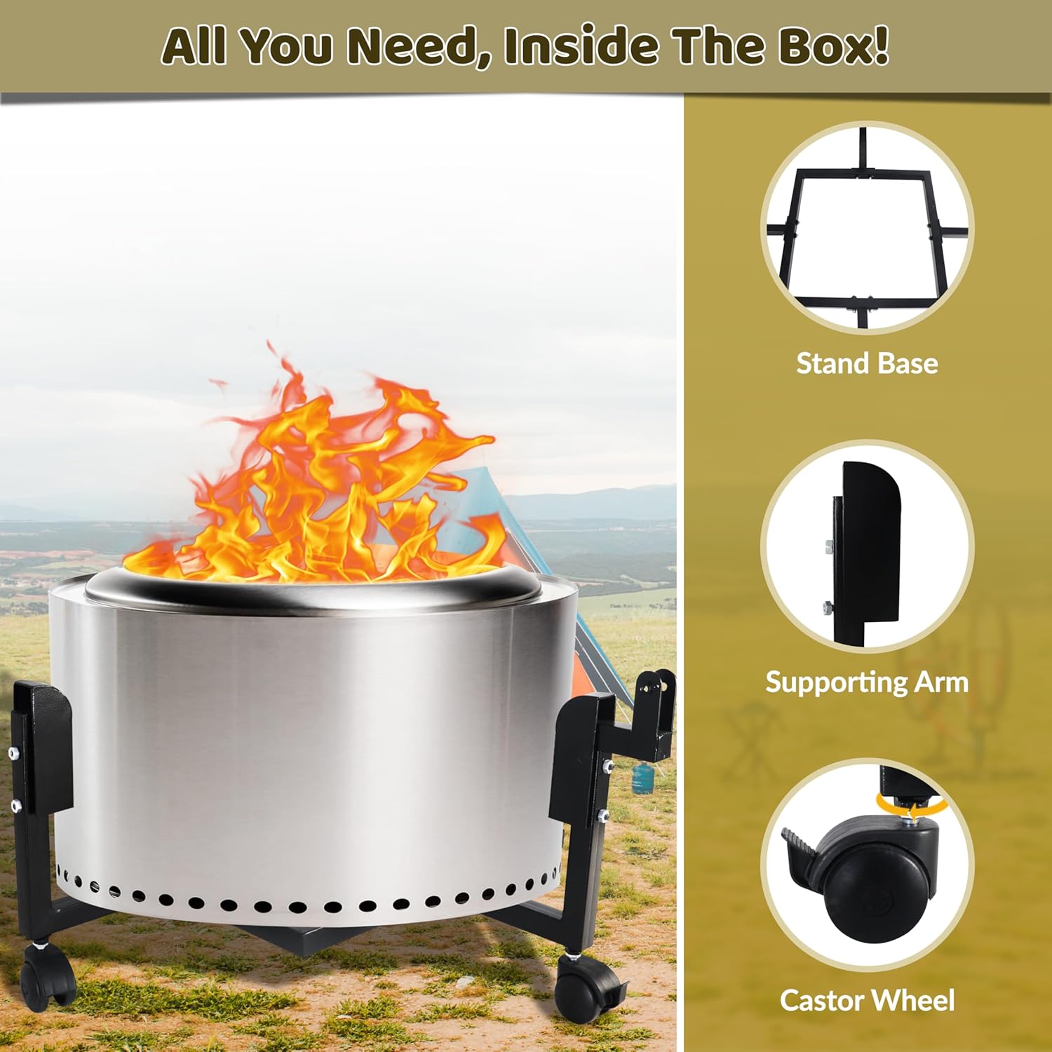 FEBTECH - 29.5 inch Portable Firepit Trolley Stand Compatible with Solo Stove Yukon and other 27 Inch Firepit - Fire Pit Stand with Support Arm for Effortless Fire-pit Mobility - Solo Stove Accessories