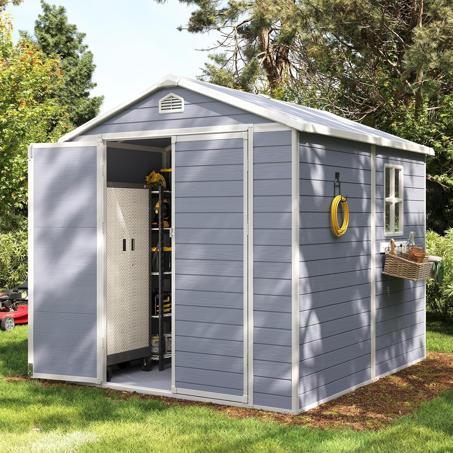 Aoxun 8 x 6 FT Outdoor Storage Shed with Window, Resin Shed with Floor & Lockable Doors, Garden Shed Waterproof Plastic Tool Shed with Sloped Roof for Backyard, Garden, Patio, Lawn, Grey