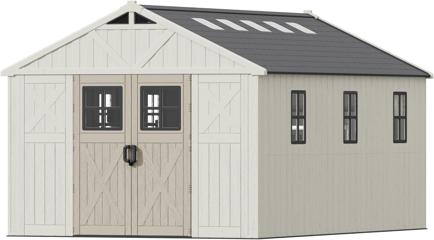 Patiowell 10 x 16 FT Outdoor Storage Shed, Plastic Shed with Floor and Skylight, Resin Storage Shed with Four-Window and Lockable Door for Garden, Patio, Backyard, Beige