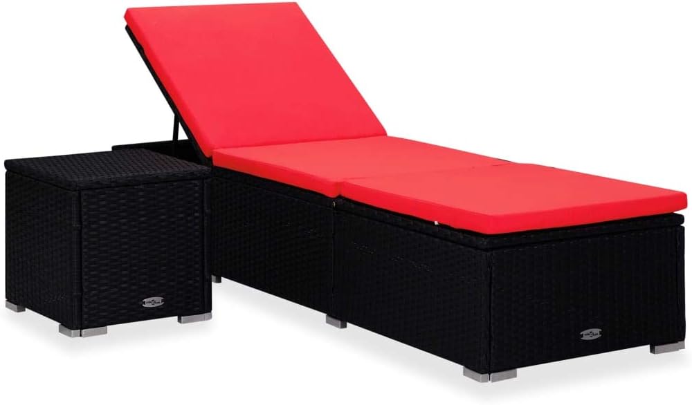 Patio Lounges Sun Lounger with Cushion and Tea Table Poly Rattan Red