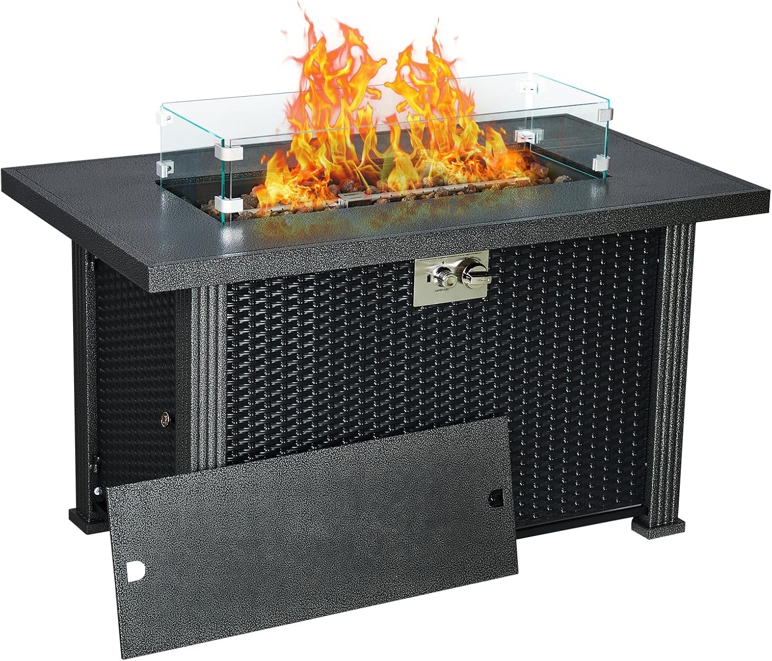 Outdoor Fire Table, 44 inch Rectangle Propane Gas Fire Pit Table, 50,000 BTU Modern Firepit with Wind Guard, Lava Rock, Rain Cover