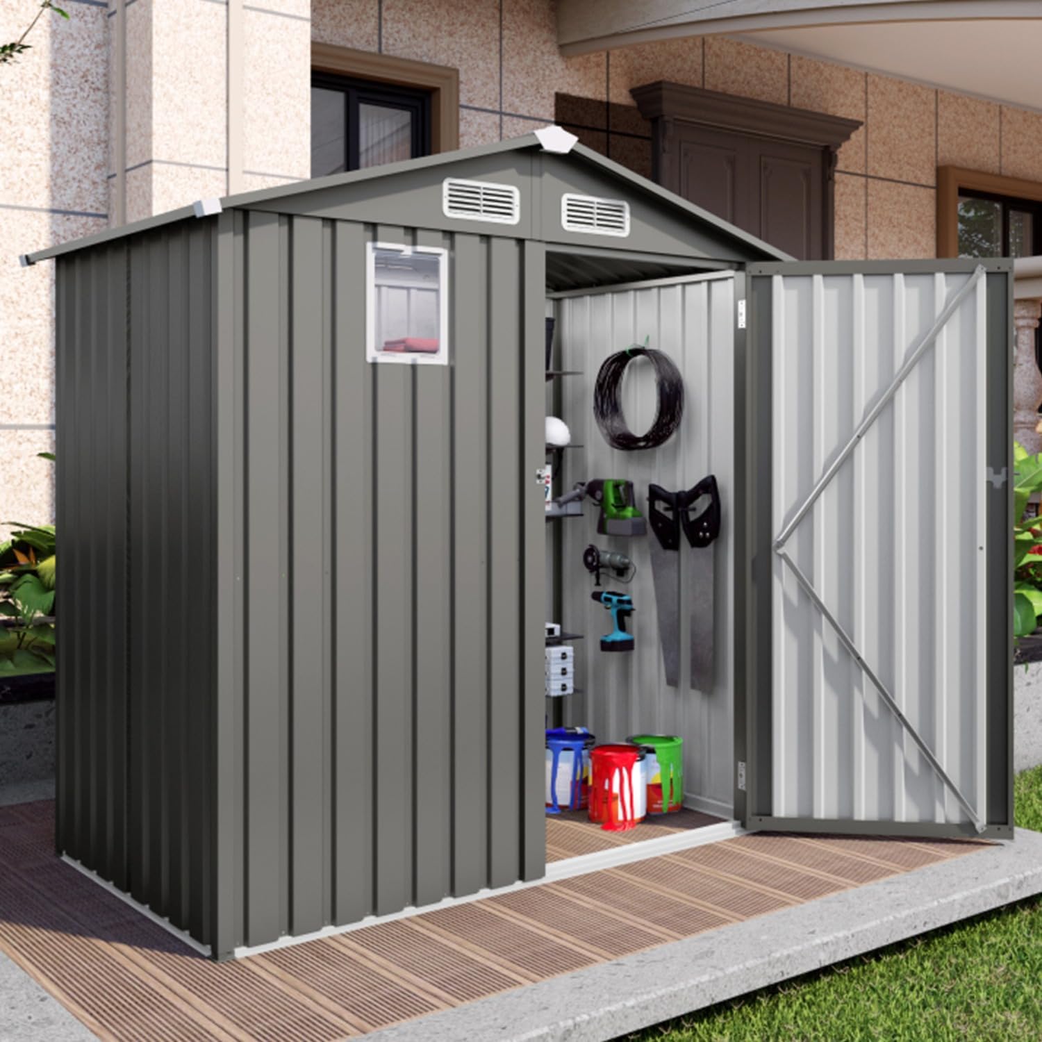 6x3.6 FT Outdoor Storage Shed, Metal Tool Sheds with Lockable Doors & Clear Windows, Waterproof Outside Storage Shed, Large Storage Building for Backyard, Patio, Balcony, Black