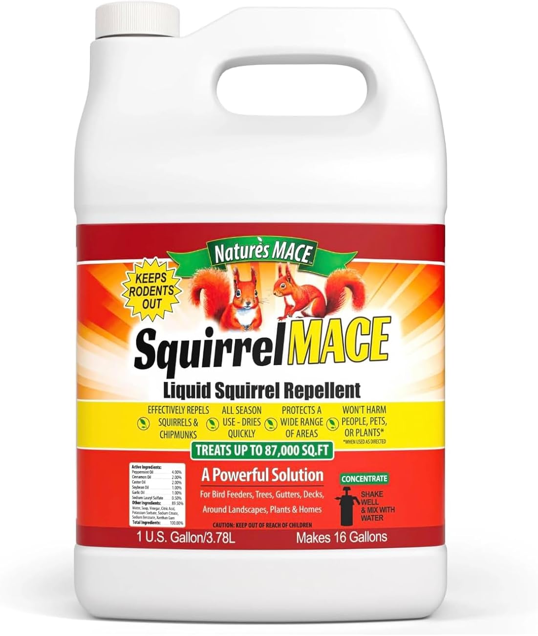 Nature's Mace Squirrel Repellent for Outdoors, Chipmunk Deterrent for Attic, Garden, Car, Keep Out of Garden, Bird Feeders, Fruit Trees, Yard, Plants (1 Gallon Concentrate)