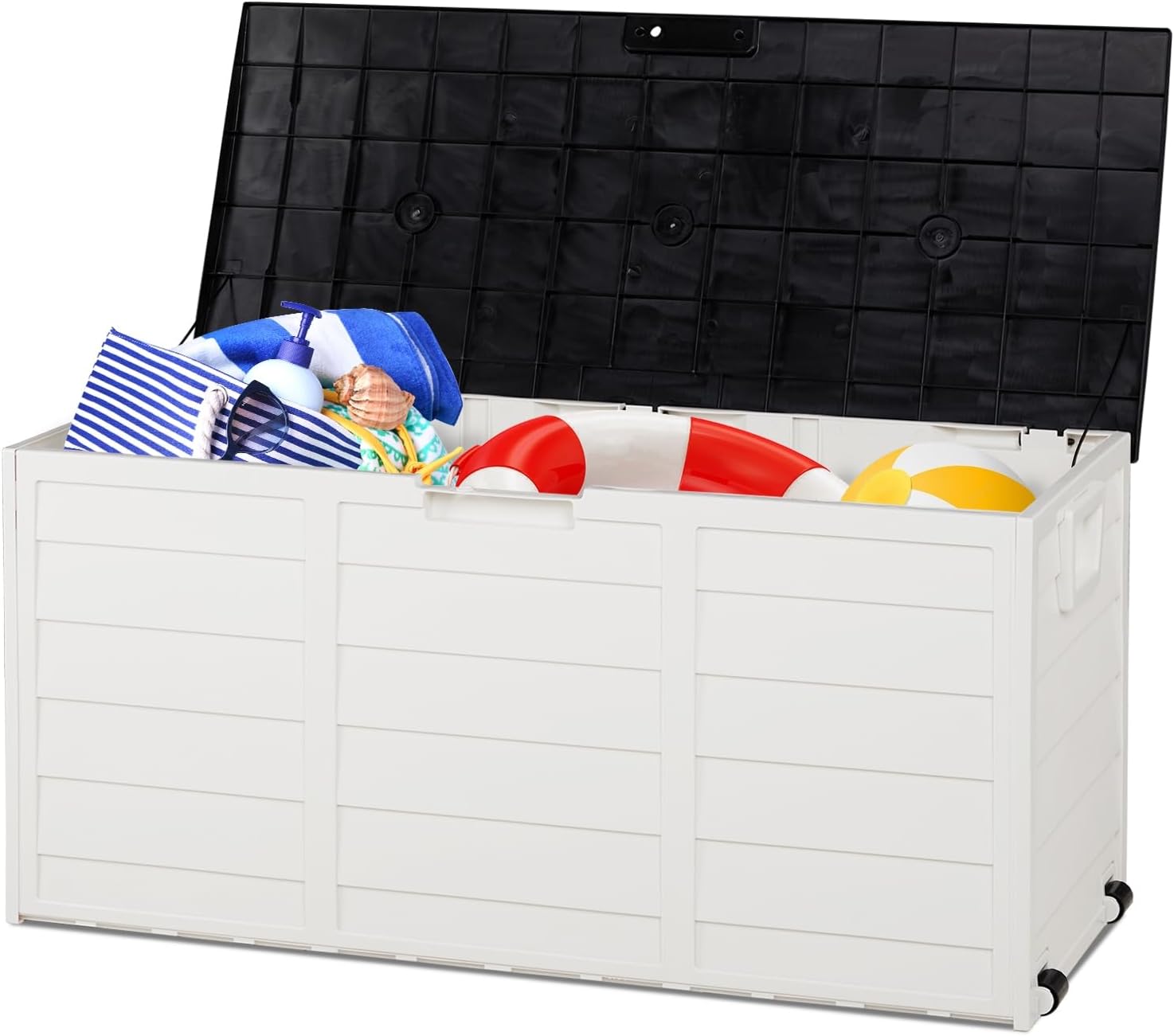 75 Gallon Outdoor Storage Box,Waterproof Deck Box with Lockable Lid&Wheels,Easy-open Outdoor Storage Bench with Handles for Garden,Pool,Balcony (White)
