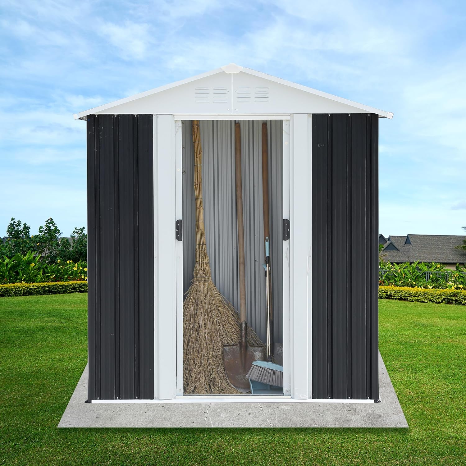 5x3 FT Outdoor Storage Shed with Sliding Door & Apex Roof, Grey Metal Garden Shed Tool Storage for Patio Backyard, Bike and Lawn Equipment Shed (New 5x3 FT Grey Apex Roof)