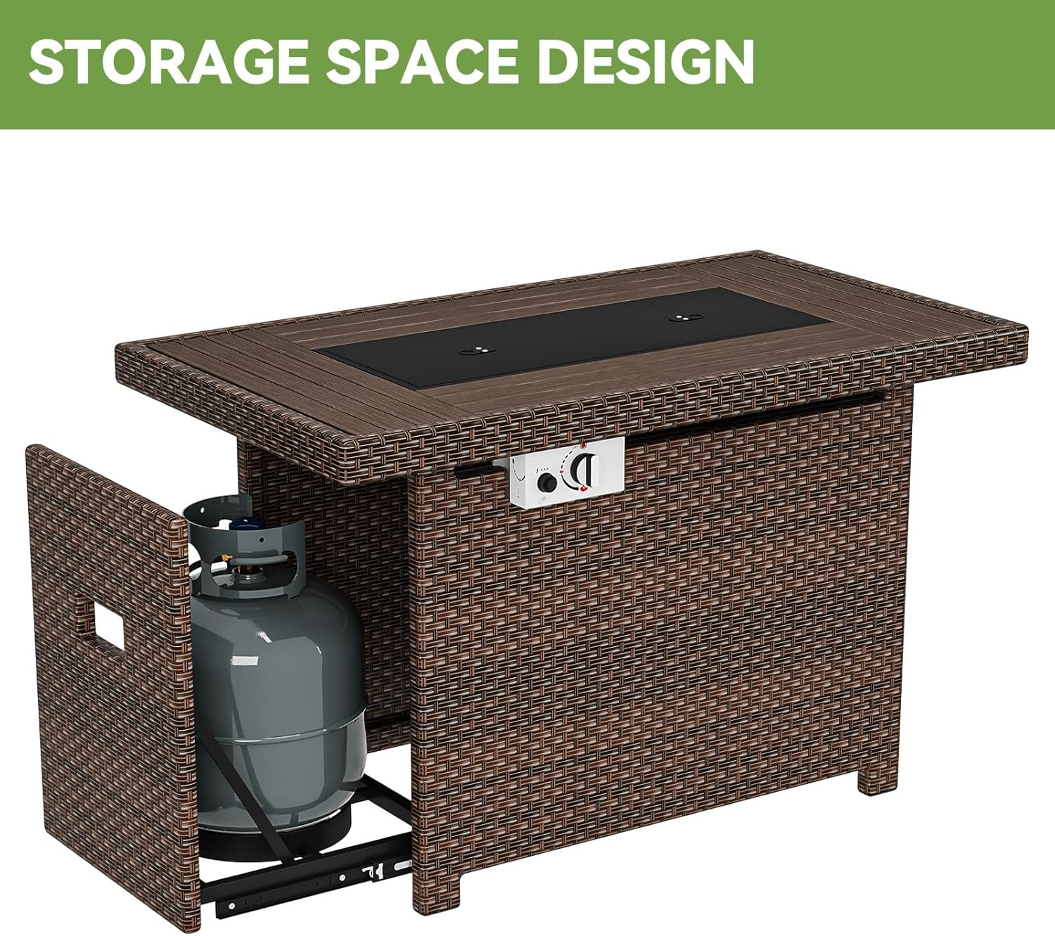 Propane Fire Pit Table with Storage, 40 in CSA Propane Fire Table Rectangular, Auto Ignition Gas Fire Pit for Outside Patio Deck, Oxford Cover, Brown Wicker