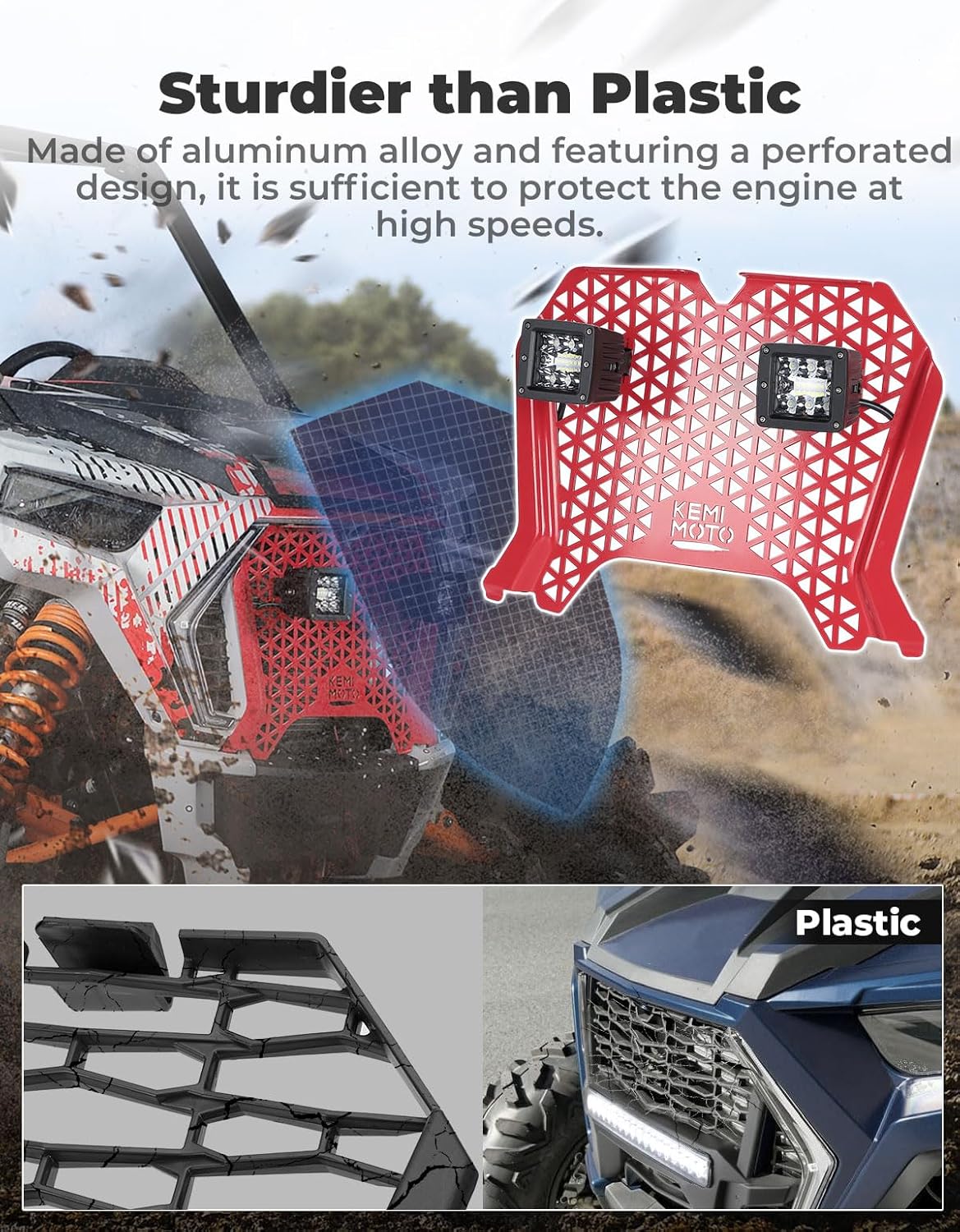 KEMIMOTO UTV Metal Front Grill Light Compatible with 2019-2023 Polaris RZR XP/XP4 1000/1000 S/Turbo/Turbo S, Red Mesh Grille with Waterproof LED Light Bar Accessories Replace 5455433-070