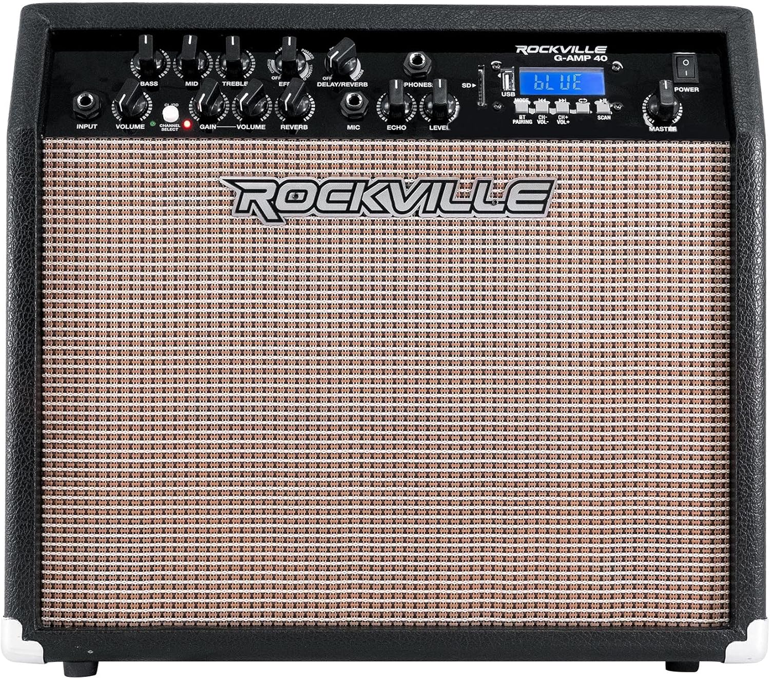 Rockville G-AMP 40 40W Guitar Combo Amplifier, Bluetooth, Mic Input with Echo, USB/SD Playback, Footswitch, Built-in Effects, Portable for Practice and Performance