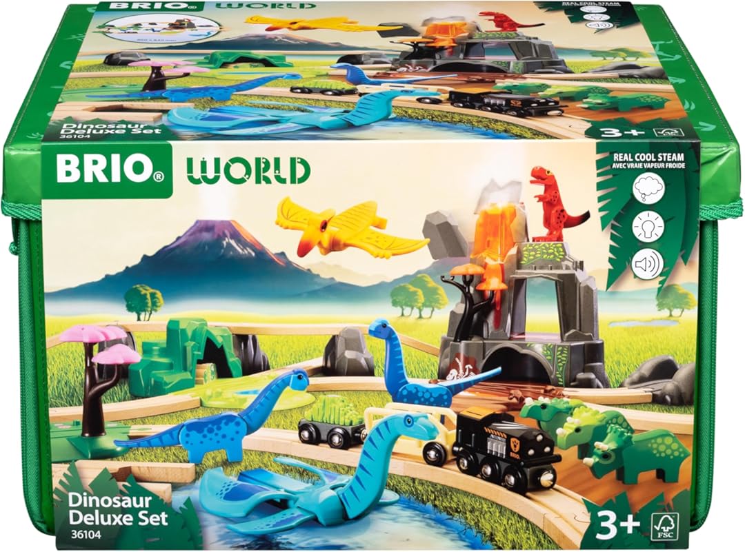 BRIO World Dinosaur Deluxe Set - 44-Piece FSC-Certified - Wood Train Set & Accessories - Works with All Wooden Train Sets - Dinosaur Train Engine, 2 Wagons, 8 Dinosaurs, Tracks & More - Kids Ages 3+