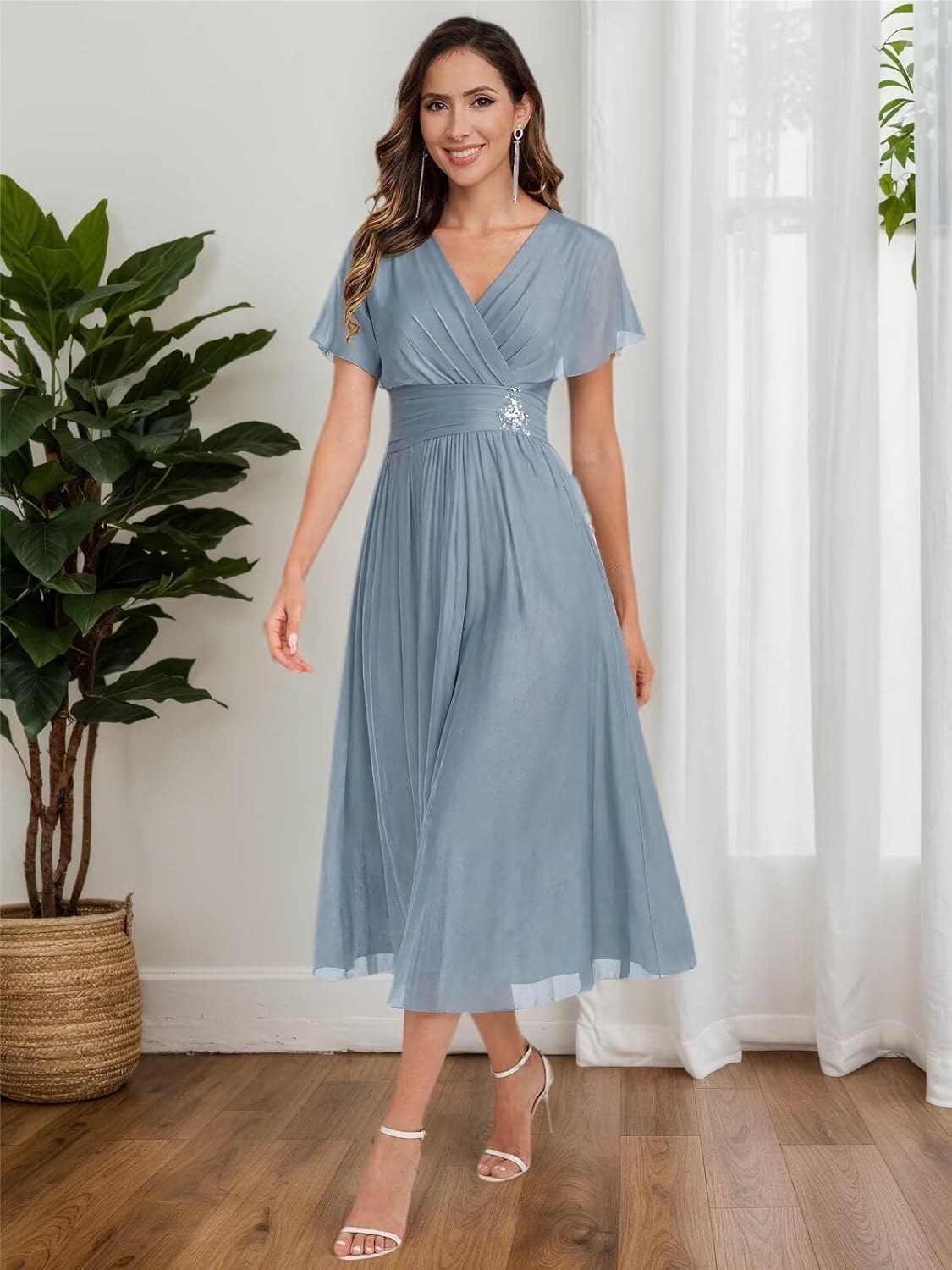 BANTRATIC Tea Length Mother of The Bride Dresses for Wedding Cap Sleeve Chiffon V Neck Pleated Formal Prom Cocktail Gown