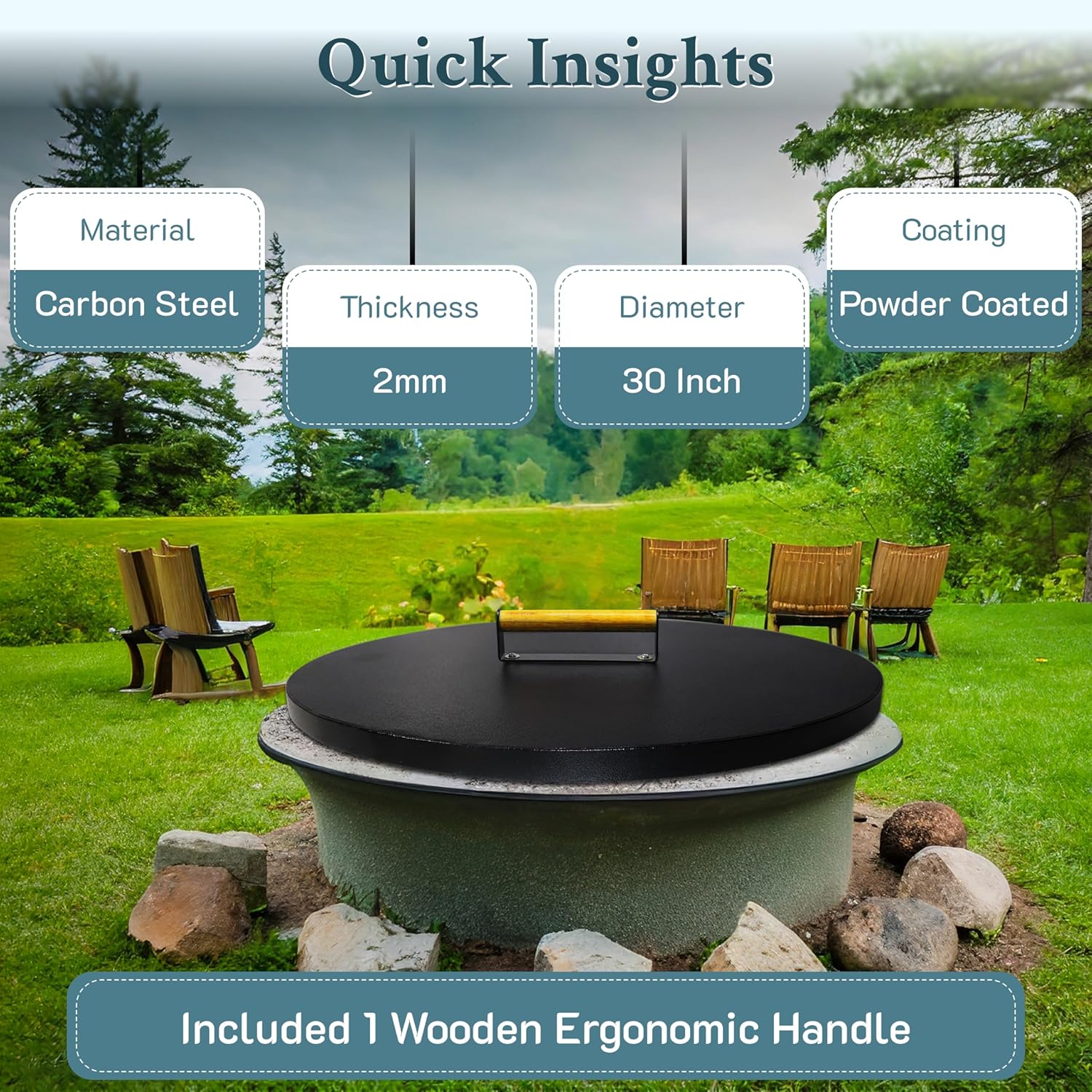 30” Round Fire Pit Lid – Powder Coated fire pit cover round metal for Outdoor Fireplace -16 Gauge Steel Flat Fire Pit Burner Pan Cover with Wooden Handle Snuffer Lid for Round Patio Fire Pit Ring