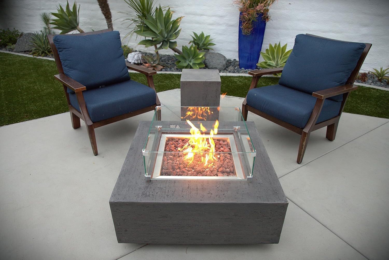 AMS Creations | Albany 36 inches Square Propane Gas Outdoor Fire Pit Table | Concrete GFRC Fire Pit Table | with SS Lid, Canvas Cover, Tank Cover, Lava Rock and Wind Guard Included