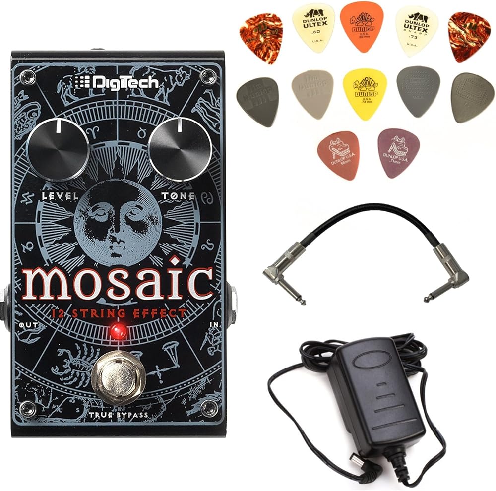 Digitech MOSAIC 12-String Effect Pedal Bundle with 9V Power Supply, Patch Cable, and Dunlop PVP101 Pick Pack