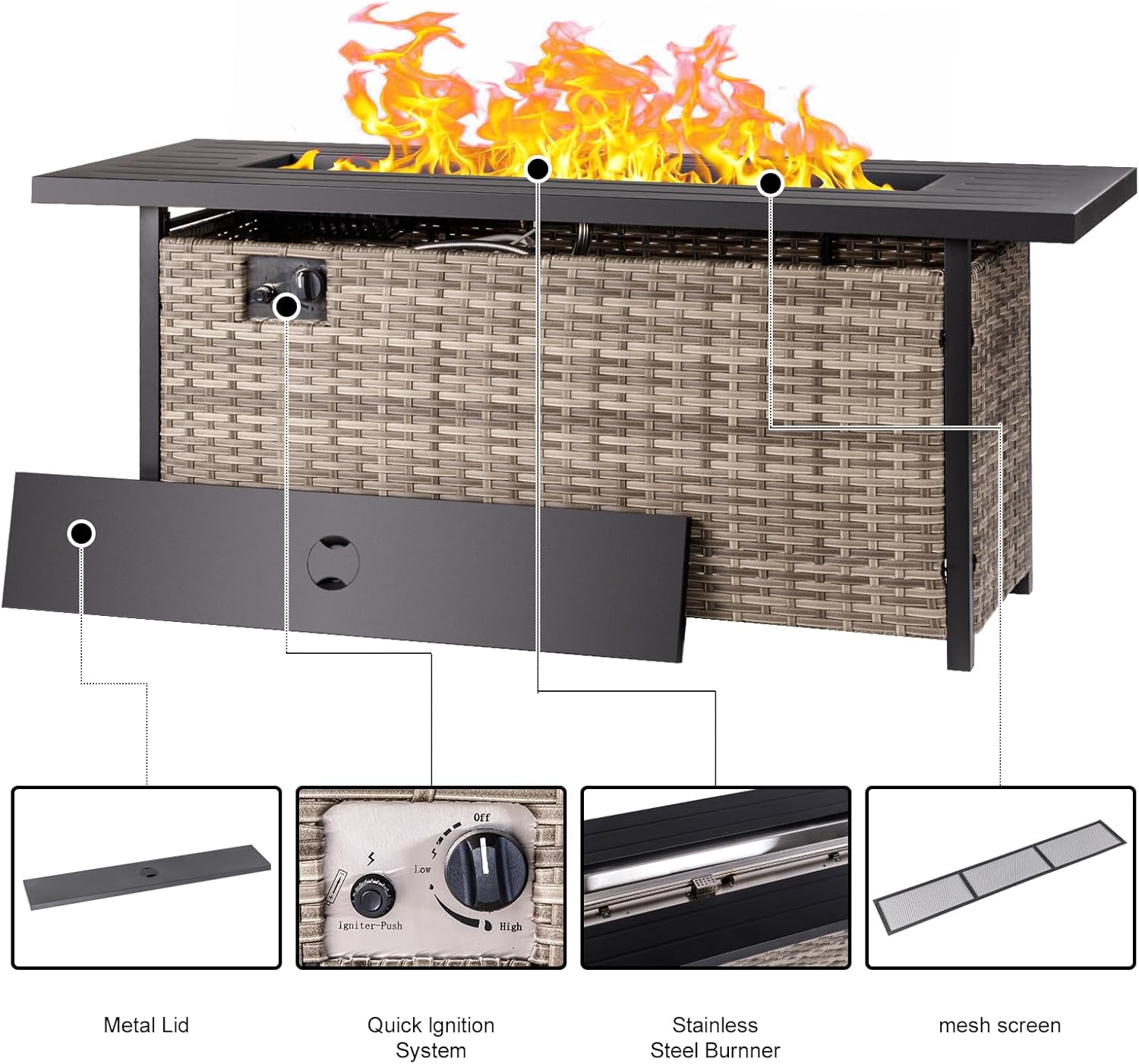 57 inch Propane fire Pit Table with Waterproof Cover & Ratten Side Panel, 50000 BTU Gas Firepit Table with Lid & Lava Rock, Outdoor Fire Pit for Dining or Party, Firepit for Outside, Patio