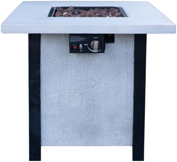 28 Inch Square Outdoor Propane Fire Pit Table with 50000 BTU Heat Output, Fiberglass and Iron Construction for Patio or Garden Use