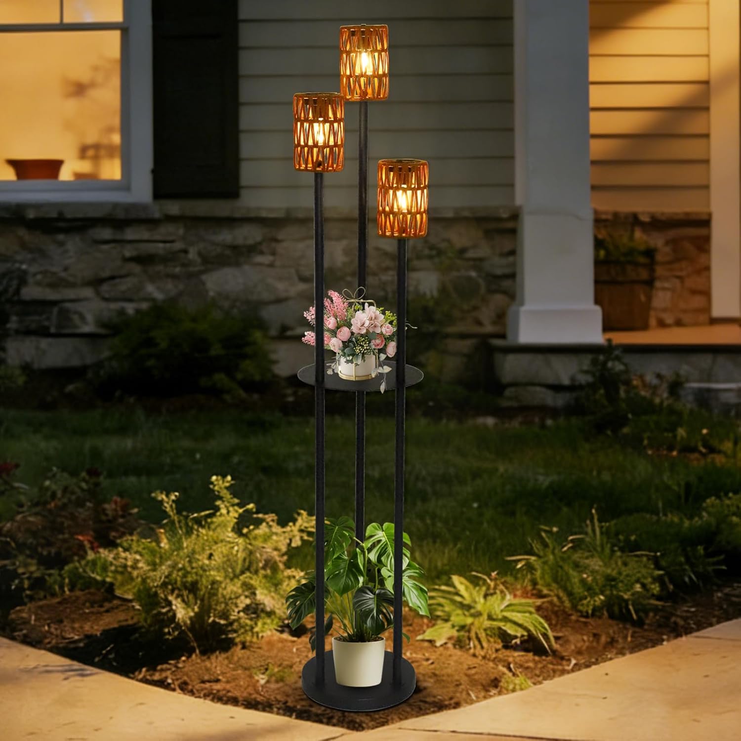 Outdoor Floor Lamp Solar Powered Waterproof, Outdoor Lamps for Patio with Plastic Rattan Shade, Cordless Solar Lights with Shelves Plant Stand, Boho Outdoor Lamps for Deck Porch Yard Garden Decor