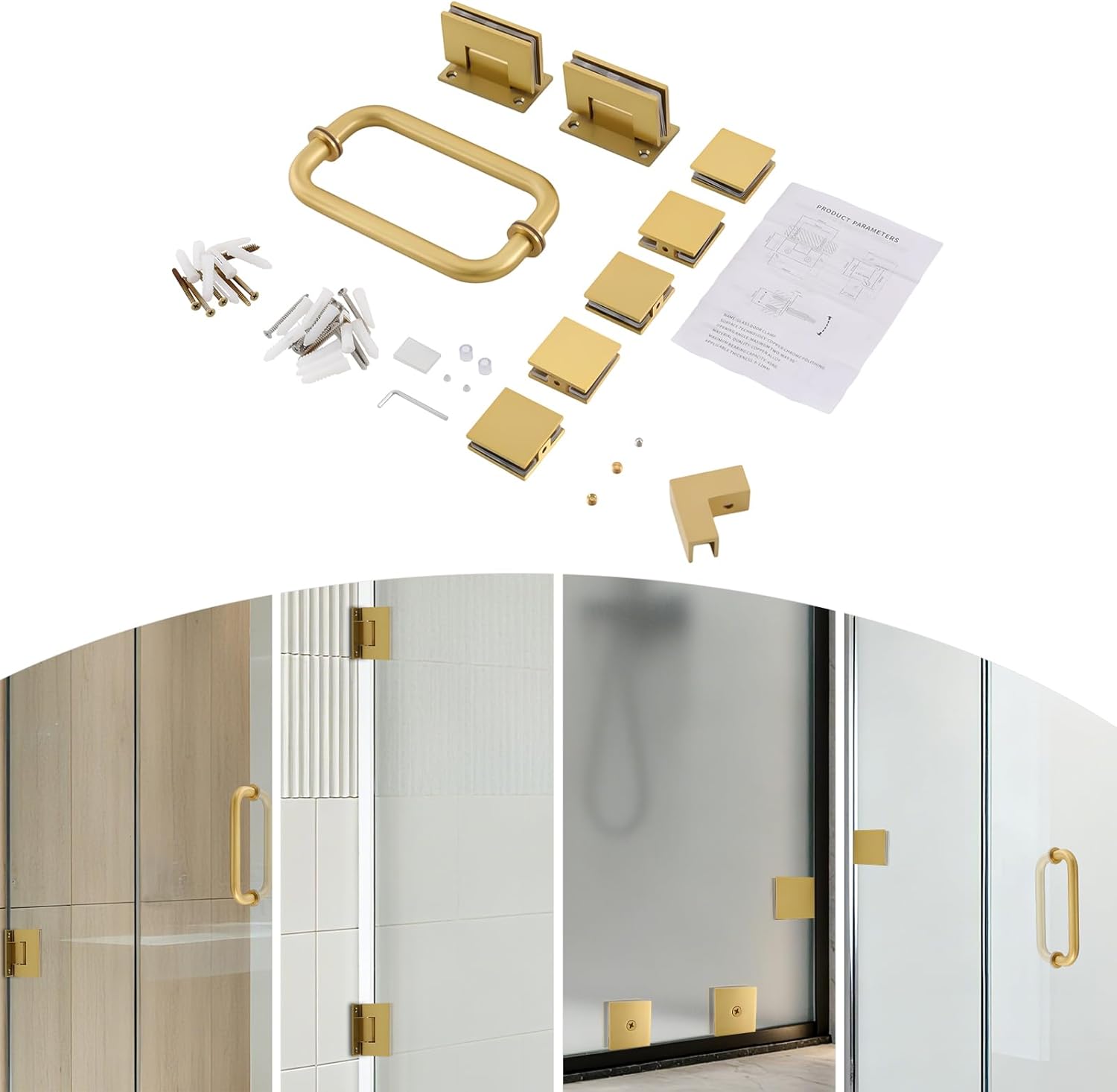 Shower Hardware Accessories for Frameless Hinged Shower Doors, 99 LBS Load Capacity, Including Hinges and Handles, for 6-12mm Thick Glass Door (5 Glass Clamps + L-Shaped Corner, Gold)