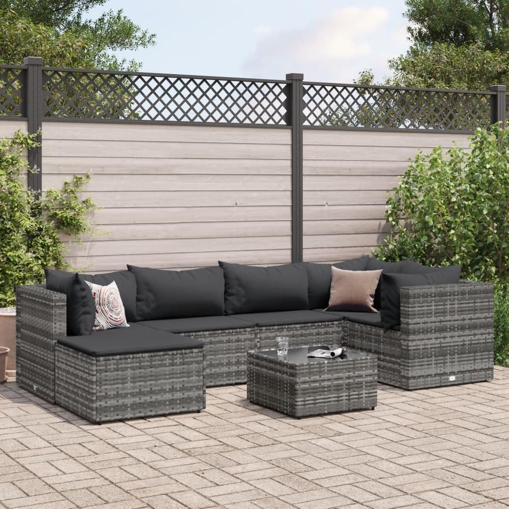 7 Piece Patio Lounge Set with Cushions Gray Poly Rattan,AllWeather PE Rattan Patio Lounge Set with Versatile Footstool and Modular Design Furniture Sets for Patio, Lawn & Garden