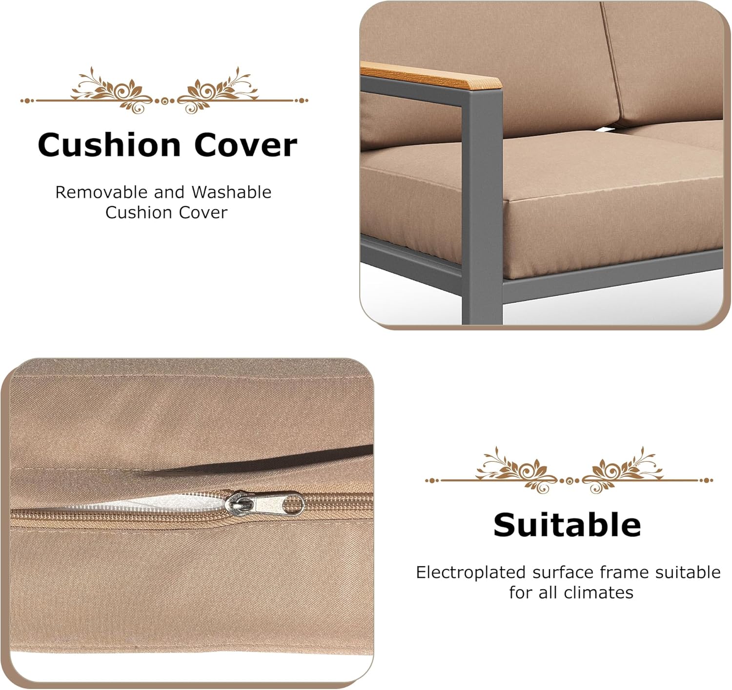 MBY 5-Piece Modern Patio Furniture Set with Fire Pit Table, Metal Outdoor Sectional with Cushions & Wood-Like Armrests, Cozy Conversation Set for Porch, Balcony, Garden, Yard-Brown