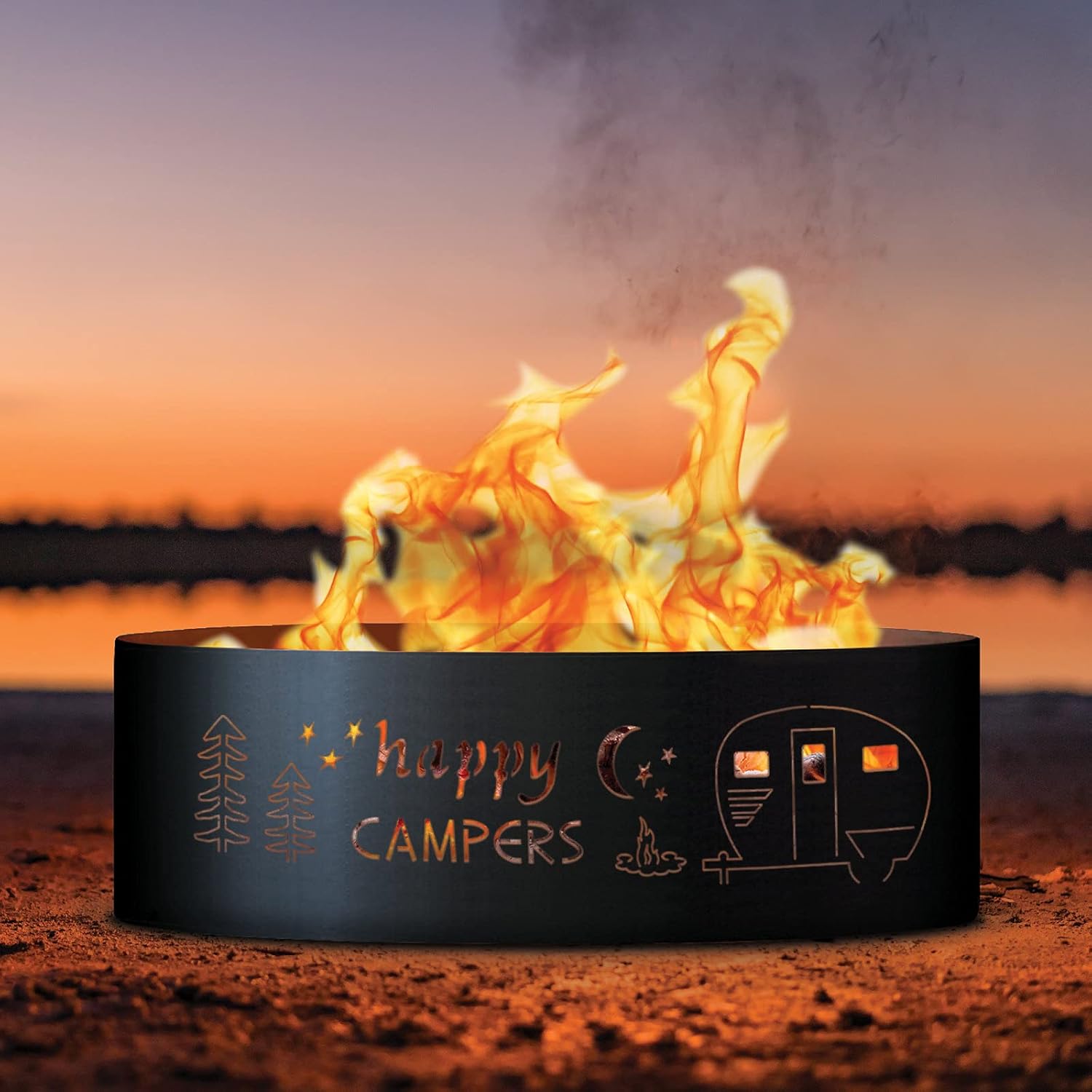 PD Metals HPC01830-FP Happy Camper Unpainted 12 in. Tall 30 in. Diameter Outdoor Fire Ring with Fire Poker - 30 x 30 x 12 in. - Rustic Black Color