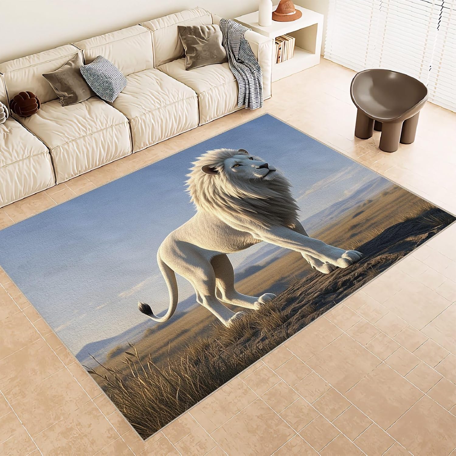 Lions 8x10 Area Rugs White Animal Area Rug, Ultra Soft Faux Wool Retro Rugs for Bedroom, Dining Room, Non Slip&Non-Shedding Low Pile Print Rug Indoor Large Carpets for Home Office Decor