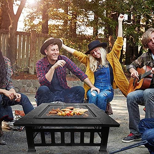 32 inch Outdoor Square Metal Firepit Backyard Patio Garden Stove Wood Burning BBQ Fire Pit with Grilling Net,with Dust Cover, with Poker Four-Corner Brazier