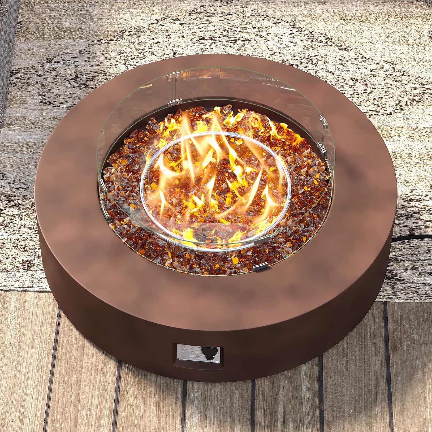 SUNBURY Outdoor Propane Fire Pit 42 Inch Round Fire Pit Table, 50,000 BTU Dark Brown Propane Gas Fire Pit for Outside w Brown Fire Glass & Glass Wind Guard